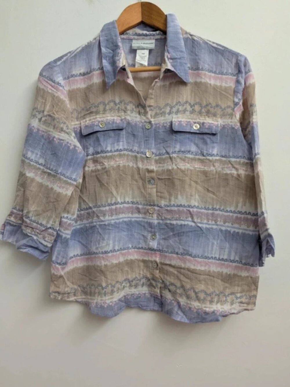 Vintage Pastel Stripe Shirt Soft 12 Button Up Short Sleeve Blouse